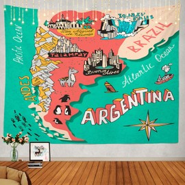 Shrahala Map of Argentina Tapestry Wall Hanging for Kids Student, Travel Cartography America Andes Cartoon Building Educational Tapestry for School Classroom Dorm Room Bedroom 51.2" L x 59.1" W,Red