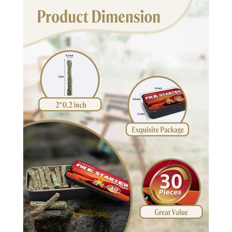 AWEASROY Fire Rope Blue Flame(30-Pack) Windproof Fire Starter, Long-Lasting, Bright