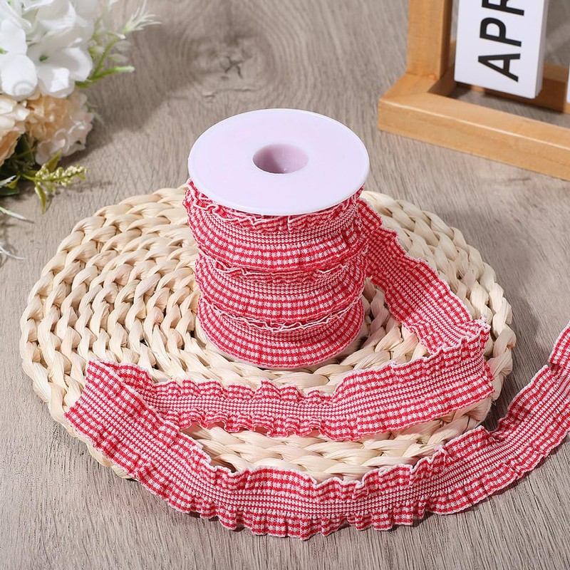 CABODYALS 10 Yards 1 Inch Red White Gingham Double Ruffle