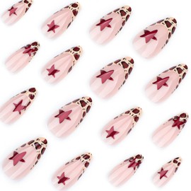 24PCS Almond Leopard Press on Nails,Medium Length with 3D Star Design False Nails,Cool Y2K Coffin Nails for Women or Girls