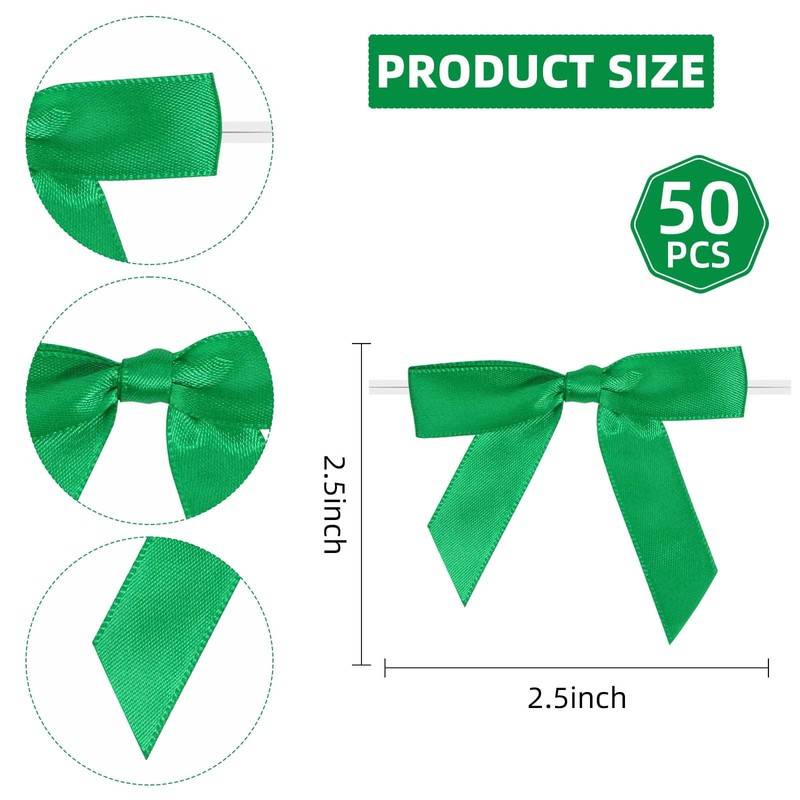 Green Ribbon Bow Decor 2.5" Premade Twist Tie Bows for
