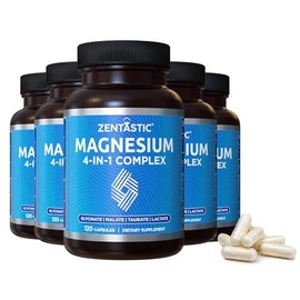 Zentastic Complejo de magnesio - 600 cápsulas de magnesio - Glicinato, malato, taurato y lactato de magnesio quelado - Fortalece huesos y músculos    