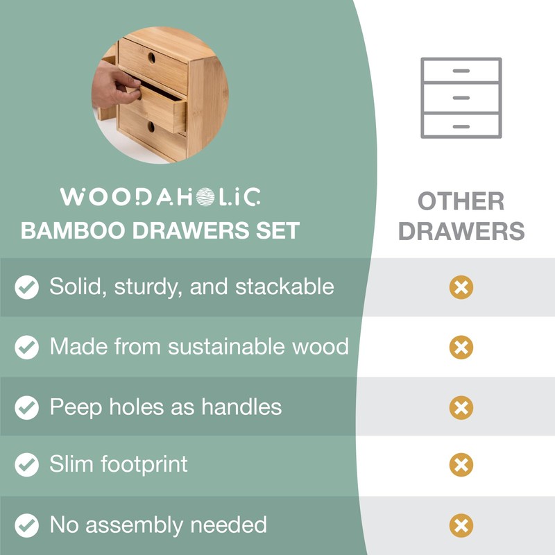 Set of 3 Bamboo Organizer Desktop Drawers - 1, 2,