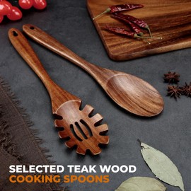 2Pcs Teak Wood Pasta Server, Wooden Spaghetti Noodle Spoon Set with Teech, Long Handle Spaghetti Fork and Spoon Set
