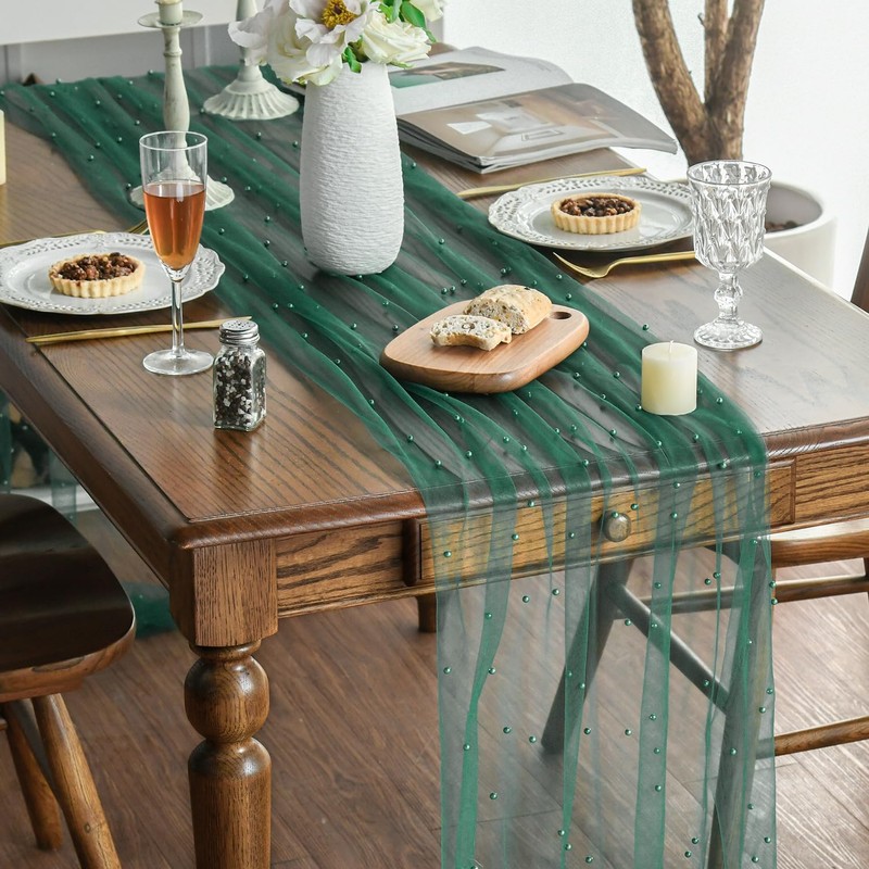 Artoid Mode Pearl Dark Green Gauze Table Runner 120 Inch