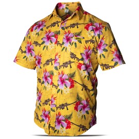 Unruly Outfitters Hawaiian Shirt for Men Yellow Rifle Button Down Shirts Men Novelty Funny Flower & Weapons Tiki Luau Vintage Tropical Military Summer Beach Graphic Vacation Mens Shirts with Gun-M