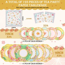 Yungyan 97 Pcs Guests Tea Birthday Party Supplies Disposable Tableware Set With 9 oz Paper Tea Cups with Handle, 7" 9" Paper Plates, Napkins, Tablecloth For Floral Tea Party Wedding Birthday