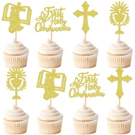 Keaziu 24 Pack First Holy Communion Cupcake Toppers Baptism Cupcake Toppers Cross Cupcake Picks Baby Shower Baptism Party Decorations Supplies Gold 3