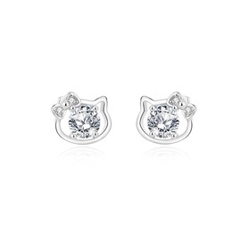 MIKAMU Women's Cat Earrings, CZ Diamond, 925 Silver, Sterling Silver, Hypoallergenic, Popular, Women's, Earrings, Jewelry, Comes with Exclusive Box, White Gold Silver Sterling Silver Stainless Steel