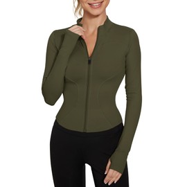 LUYAA Womens Zip Up Workout Jackets Lightweight Tight Athletic Clothes Long Sleeve Yoga Tops Army Green S