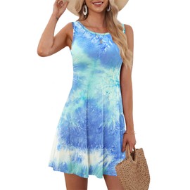 MOLERANI Women's Casual Swing Simple T-Shirt Loose Dress, Dyed Blue Green White, XL