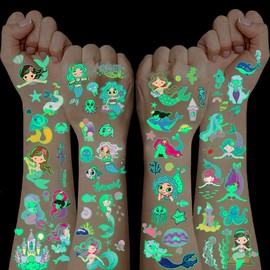 100+ PCS Mermaid Tattoos for Kids,Mermaid Party Bag Fillers Glow in The Dark Stickers Kids Tattoos for Girls Party Bag Fillers Stickers for Children 3 4 5 6 7 8 9 10 Year Old Girl Gifts Party Favours