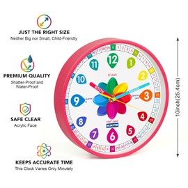 Homotte Analog Learning Clock for Kids, 10 Inch Pink Wall Clock for Bedroom, Telling Time Teach Clock, Children's Silent Non-Ticking Educational Wall Clock for Classroom Girls Home Decor
