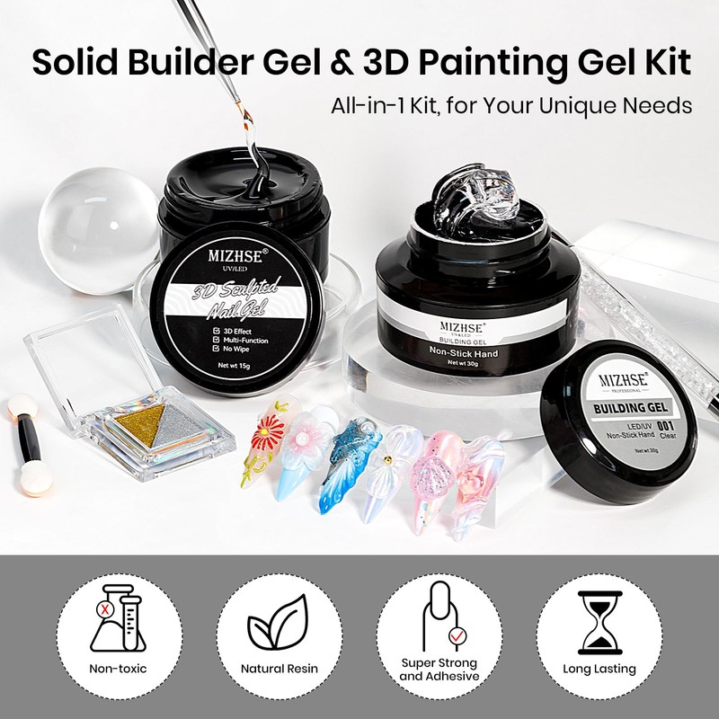 MIZHSE 30g Clear Solid Builder Gel and 15g 3D Nail