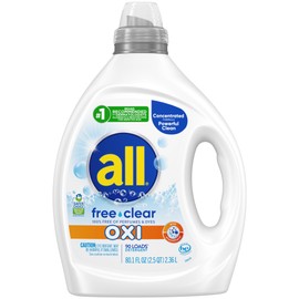 all Liquid Laundry Detergent, Free Clear for Sensitive Skin with OXI, Unscented and Hypoallergenic, 2X Concentrated, 90 Loads