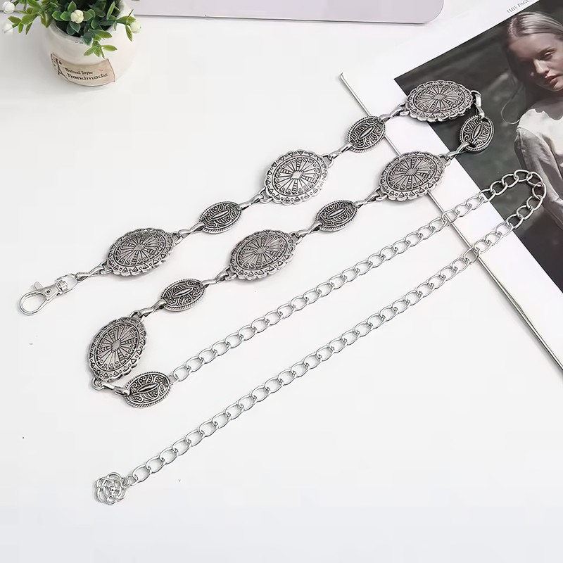 Vintage Oval Carved Metal Waist Chain for Women – Retro