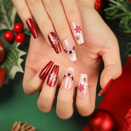 24 Pcs Christmas Press on Nails Medium Length with Snowflakes and Bling Rhinestone Decorate Designs Ballet Fake False Nails Art for Women and Girls Stick on Nails