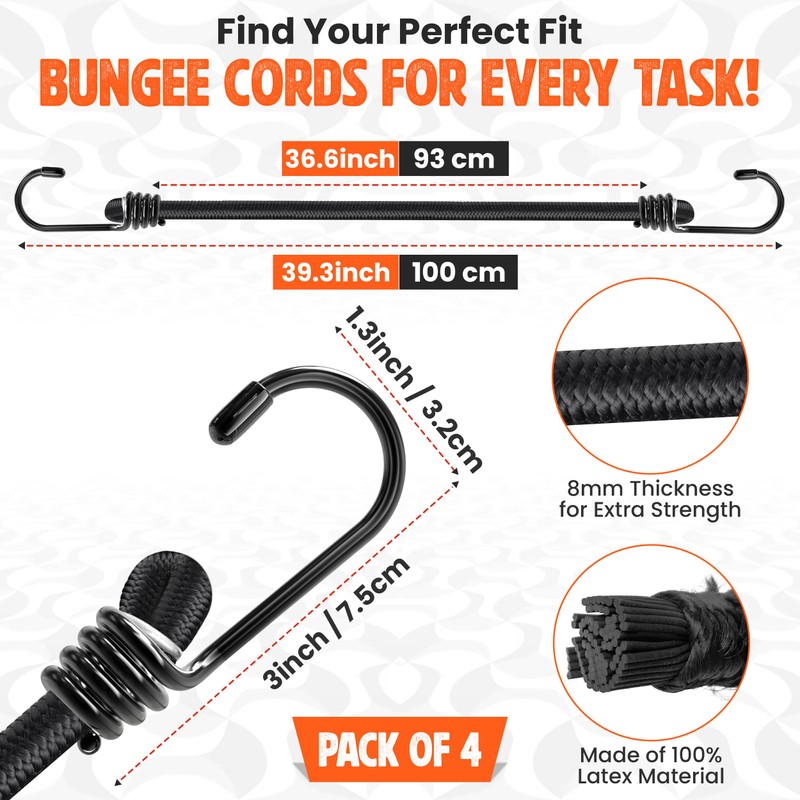 Bungee Cords with Hooks Heavy Duty Weatherproof & UV-Resistant Elastic