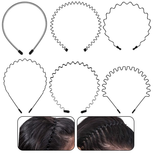 Pack of 6 Metal Hair Bands, Black, Women's Men's Headbands, Elastic Headband, Spring Wave Sports Hair Bands for Sports, Children, Girls, Boys, Hair Accessories, Headbands