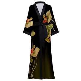 EORUBE Kimono Robes for Women Long Charmeuse Satin Floral Printed Silky Robe Sleepwear Wedding Bachelorette Party (Gradient Black)