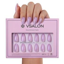 VSALON Press on Nails Short Almond - Purple Cat Eye Glitter Nails Kit for Women, Reusable Opaque Soft Gel Fake Nails with Glue & Cuticle Oil - 32 PCS Stick On Nails in 16 Sizes (Iris)