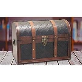 Vintiquewise Wooden Leather Round Top Treasure Chest, Decorative storage Trunk with Lockable Latch, Brown