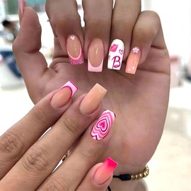 Valentine's Day Press on nails Medium, 24Pcs Square Heart Glitter Fake Nails Peach Heart Lips Coffin Design Stick on Nails Acrylic Nail Glue for False Nails with Nail Adhesive Tabs for Women Nails Kit