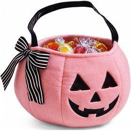 Cesta de Truco o Trato de Cubo Halloween, 1 Paquete, Linda Cesta Calabaza con Bordado y Lazo a Rayas para niños, Rosa