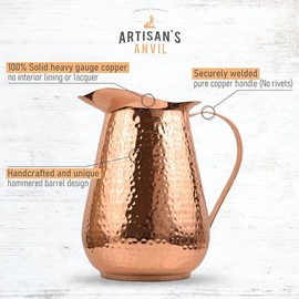 Jarra de cobre martillado Artisan's Anvil con asa, 100% cobre, resistente, hecha a mano, 70 oz. líq., mejor para agua, ayurveda, Moscow Mules, cócteles