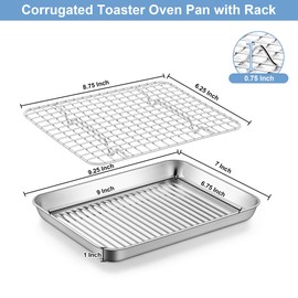 TeamFar Toaster Oven Pan with Rack, Stainless Steel Mini Baking Tray with Cooling Rack for Compact Toaster Oven, 9 Inch, Corrugated Bottom & Grid Mesh, Healthy & Heavy-Duty, 1 Pan + 1 Rack