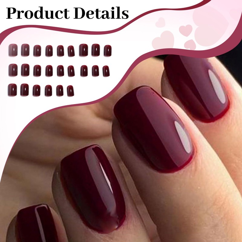LunarCharm 24 Pieces Dark Red Press-on Nails Medium Square Shape