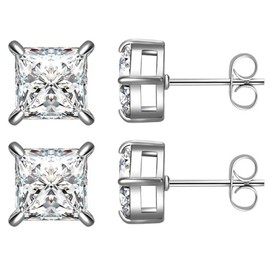 Stainless Steel Princess Cut Style Cubic Zircon Classic Stud Earrings (Silver-5mm)