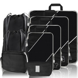 SINZUX 8-Piece Black Compression Suitcase Organiser Set, Ultralight Compression Packing Cubes, Expandable Packing Cubes, Suitcase Organiser, Travel Organiser, Travel Organiser for Suitcase, Backpack,