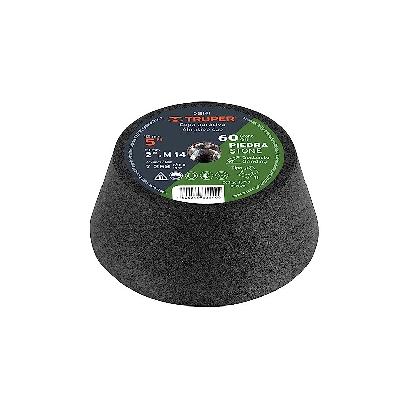 Truper C-351-PI Copa Desbaste, 5", Grano 60 para Piedra, 14mm