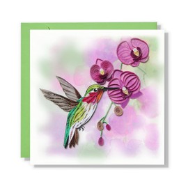 QUILLCRAFT Hummingbirds and Purple Orchid Quilling Card, Card, Quilled Quilling Card for Mothers Day, Birthday, Thank You, Artful Card for Him Her, Mom, Dad, Couple (Hummingbirds Orchid)