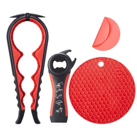 Jar Bottle Opener for Weak Hands,4 &5 in 1 Multi Function Non-Slip Can Lid Opener Tools with Silicone Jar Gripper Pad,Suitable for Seniors,Children and Arthritic Hands (Red)