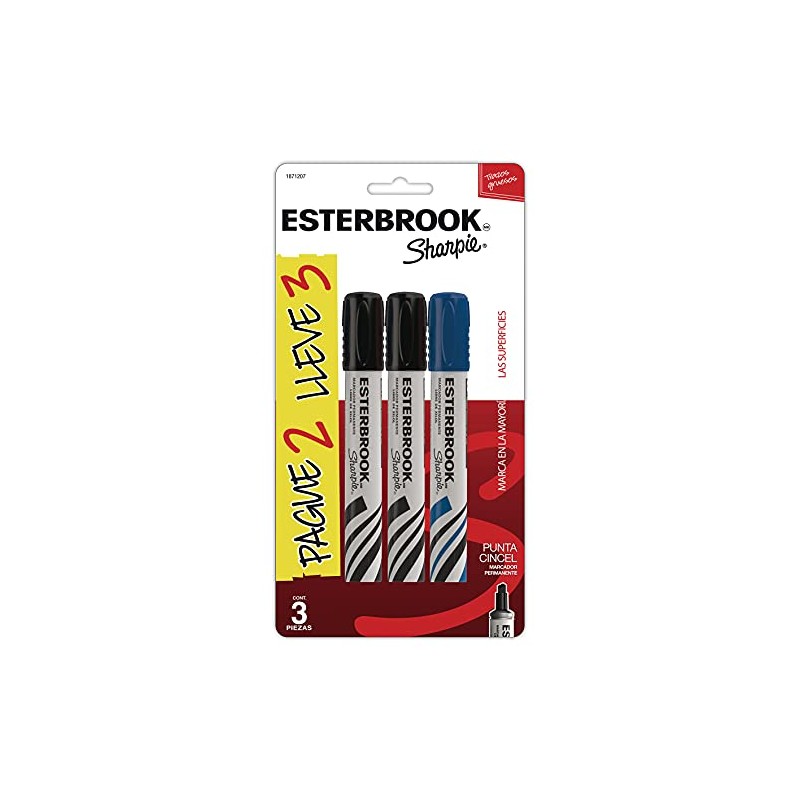 Sharpie Esterbrook Marcadores Permanentes, Punta Cincel, Negro y Azul, 3