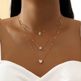 ASCOMY Layered Necklaces for Women Dainty Gold Necklace 14K Gold Plated Flat Disc Bar Chain Necklace CZ Star Water Drop Big Heart Pendant Simple Gold Chain for Women Girls Everyday Gold Jewelry Gift