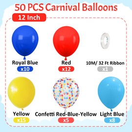 Paready Red Yellow Blue Balloons, 50 Pcs Carnival Circus Party Balloons, 12 Inch Royal Light Blue Matt Red Yellow Confetti Balloons Helium for Kids Baby Shower Birthday Circus Theme Party Decorations