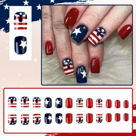 ONPRESS 24Pcs 4th of July Press on nails Independent Day Fake Nails with Star American Flag Design Acrylic False Nails Red Blue Solid Color Full Cover Glue on Nails for Women Patriotic Manicure Decor