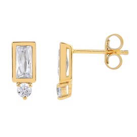 Silvershake 6X3mm Baguette Shape White Cubic Zirconia 14K Yellow Gold Plated 925 Sterling Silver Geometric Trendy Chic Stud Post Earrings April Gemstone Birthstone Jewelry for Women, Sterling Silver