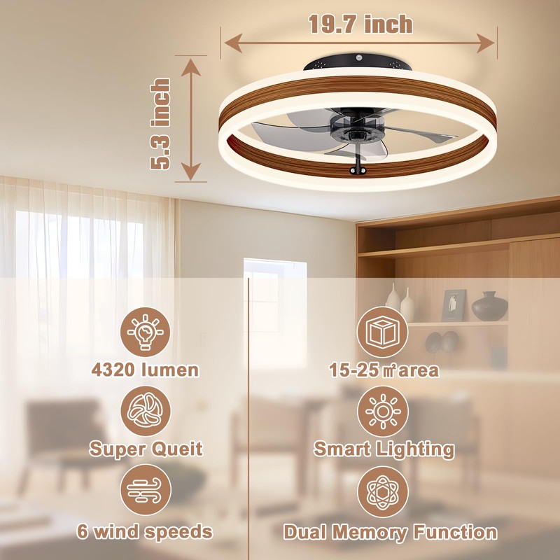 VOLISUN Low Profile Ceiling Fans with Lights and Remote, 19.7in