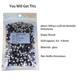 Genie Crystal ss20 1440 Pcs Jet Hematite Flatback Rhinestones,5mm Bling Black Glass Rhinestones Glue Fix Stone for Tumbler, Shoes,Clothes,Makeup,Nail Art,DIY Crafts