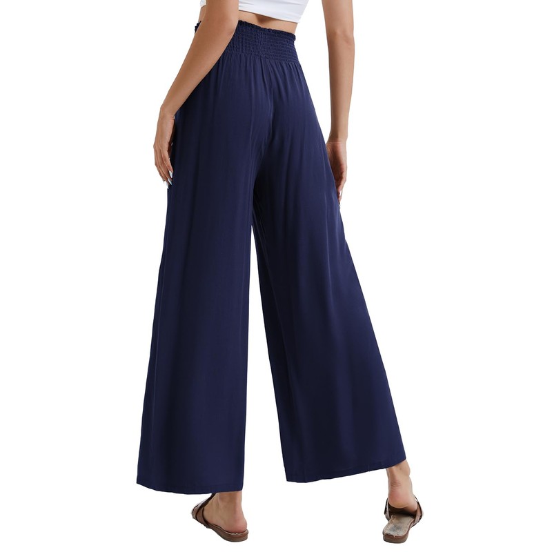 ZXIHZF Women’s Summer Palazzo Pants Wide Stretch Smocked Waist Lounge
