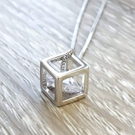 Cubic Zirconia Crystal Cube Pendant Necklace Sterling Silver