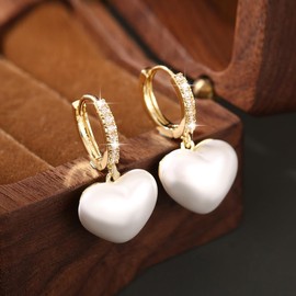 DIAMANTIO Statement Gold Heart Drop Earrings with White Shell Charm – 18K Gold Plated, Dainty Crystal Huggie Hoops for Romantic, Everyday, and Special Occasion Wear