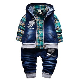 Yao Spring Autumn Baby Boys 3-Piece Clothing Set Cotton Shirt Jeans Vest, Green, 9-12 Monate