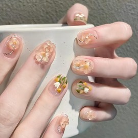 ALLEVG Nail Tips, 30 Pieces, Spring & Summer Short Nail Nails, 3D Tulip, Cheek Nail Style, Pink Gradient, Skin Radiant, Salon Specifications, Instagenic, Replaceable