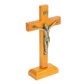 Wooden Hand Made Standing Catholic Jesus Crucifix for Home Decor and Religious Gifts, Beech Wood and Metal Material