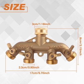 LEONTOOL 4 Way Brass Hose Splitter 3/4 Inch Faucet Manifold Heavy Duty Outdoor Faucet Splitter Water Spigot Garden Hose Manifold Connector Spigot Adapter with 4 Valves 4 Extra Rubber Washers and Tape